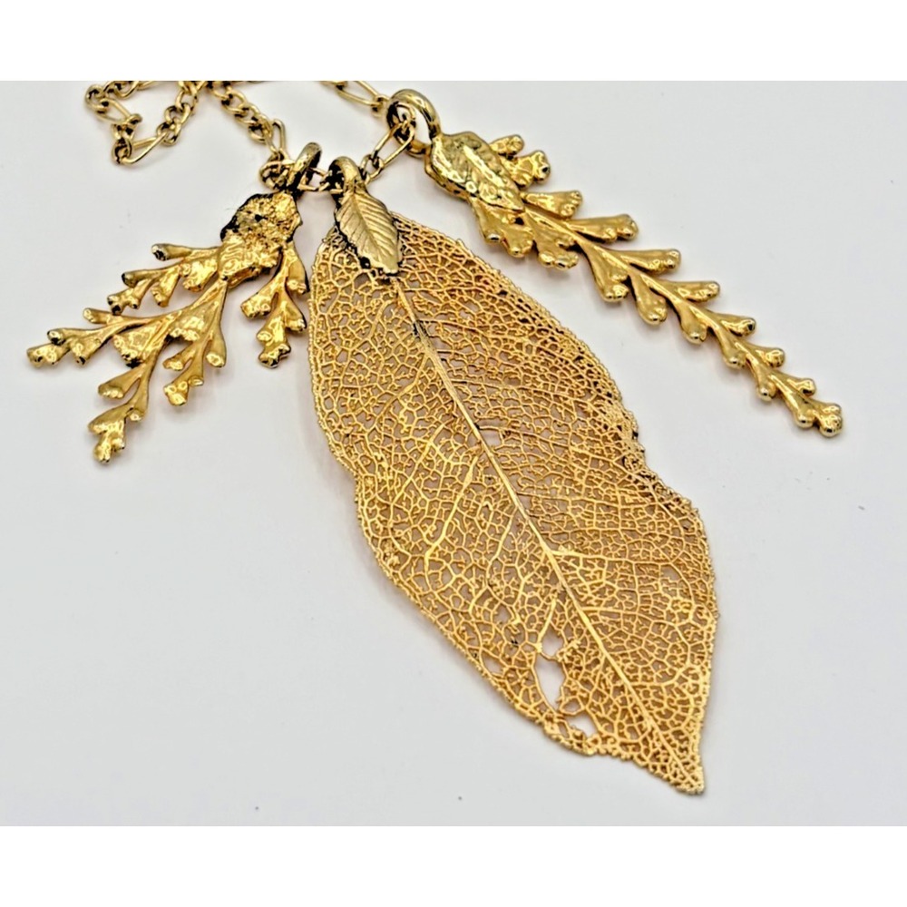 Vintage Spring Leaf Fern Gold Toned Electroplated Botanical Long Necklace Korea